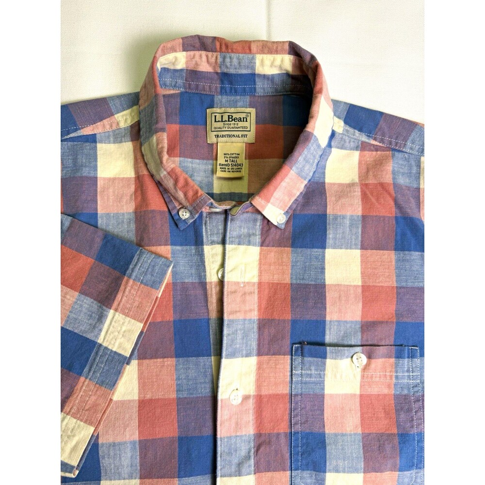 L.L. Bean Men's Big & Tall MT Blue Pink Plaid Woven Button-Down Shirt Pocket